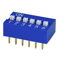 Same Sky (formerly CUI Devices) DS01C-254-S-06BE DIP Switches DIP Switch, SPST, 2.54 pitch, raised actuator, covex bottom, Short pin, 6 position, Blue