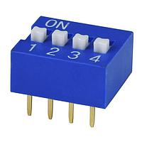 Same Sky (formerly CUI Devices) DS01C-254-S-04BE DIP Switches DIP Switch, SPST, 2.54 pitch, raised actuator, covex bottom, Short pin, 4 position, Blue