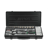 TOPTUL GBB3514 Dr. Socket Set Satin Chrome/ Stamping/  Metal Box (3/8", 35 PCS, Black)