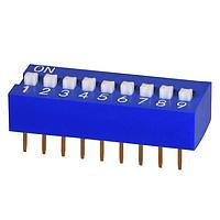 Same Sky (formerly CUI Devices) DS01-254-L-09BE DIP Switches DIP Switch, SPST, 2.54 pitch, raised actuator, flat bottom, long pin, 9 position, Blue